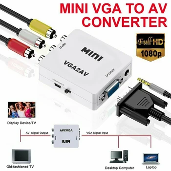 VGA na AV Mini Converter Scaler Adaptér Podpora 1080P VGA2AV Converter PC k TV HD Počítača k TV