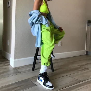 OneLineFox Príležitostné Voľné Hip Hop Cargo Nohavice Ženy Žiarivkové Svetlo Zelená Harajuku Dámske Nohavice Streetwear Súpravy Na Jar Roku 2019