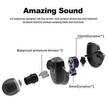 BQEYZ K2 2BA+2DD Hybrid, Dynamické hi-fi Slúchadlá DIY Slúchadlá Drôtové Slúchadlá Basy Beží Športové Slúchadlá Odnímateľný Kábel S Mikrofónom