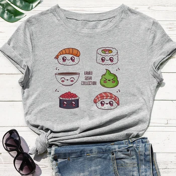 Kvalitné Odolné Biele Šedé dámske tričko Roztomilý Karikatúry Sushi Tlač Zábava T-shirt Punk Voľné O-krku Nadrozmerná Pop Tričko