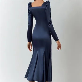 2021 Jar Nové dámske Šaty Elegent Elegantný francúzsky Slim Tlačidlo Vysoký Pás Lístkového Rukáv V krku Fishtail Strana Dlhé Šaty