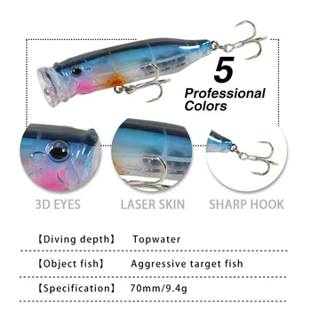 7 cm 9.4 g popper topwater rybárske nástrahy profesionálne Vzbudiť voda splash Prilákať veľké ryby 3D Oči Umelé Basy Široký Zakolísania