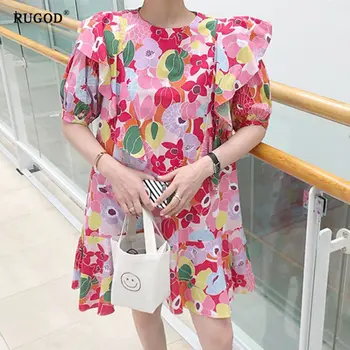 RUGOD Šaty žien kvetina tlače letné šaty O krk kórejská verzia vestidos de verano voľné príležitostné letné oblečenie pre ženy