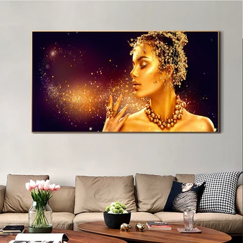 Black Gold Africké Umenie Žena, olejomaľba na Plátne Cuadros Zlato Plagáty a Vytlačí Škandinávskych Stenu Obrázok pre Obývacia Izba