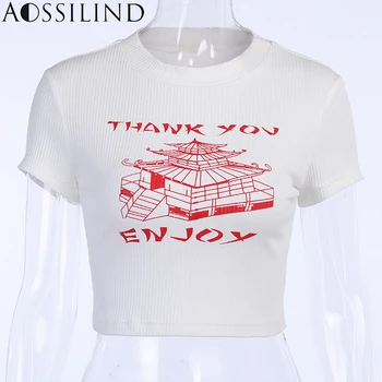 AOSSILIND Biele Print T Shirt Ženy Krátky Rukáv Bežné Tričko Chudá Plodín Top 2020 Lete Femme Streetwear harajuku