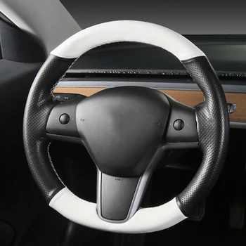 Auto Volant, Kryt, 5D Uhlíkových Vlákien&White PU Kože Ručne Šitý Riadenia Kryt pre Tesla Model 3 2017-2020