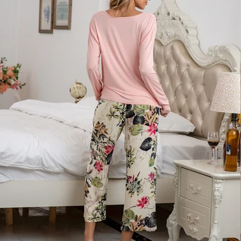 Ženy Pyžamo Nastaviť Plus Veľkosť S-4XL Jeseň Jar Modálne Útulný Pyžamá Ženy Tlač Vzor Bežné Bowknot Pijama Mujer Sleepwear
