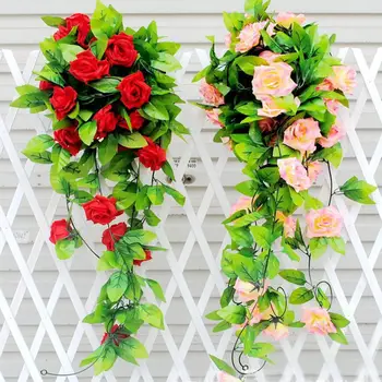 250 cm Falošné Hodváb Ruže Ivy Viniča Umelé Kvety s Zelené Listy Pre Domáce Svadobné Dekorácie, Závesné Garland Dekor
