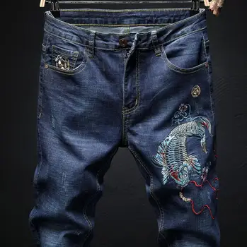 Modré džínsy lacné mužov biker džínsy mužov Vyšívané squid nohavice muž Rovné denim nohavice masculino motocykel módny návrhár