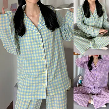 Kórea Javorový List Pajama Sady Ženy Gázy Bavlna, Dlhý Rukáv Bežné Sleepwear Ženy Pyžamá Letné Hot Predaj 2021