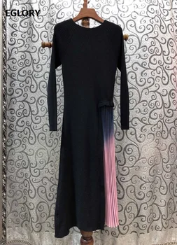 Kvalitné Pletené Šaty 2020 Jar Štýl Ženy Farebný Blok Skladaný Patchwork Dlhý Rukáv, Čierna Marhuľový Sveter Šaty Bežné