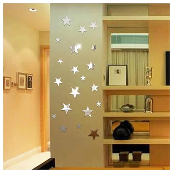 3D Nálepka, 20 X Hviezdičkový Zrkadlo na Stenu-Nálepky Povrch Kotúča Domov Miestnosti, HOBBY Art Decor (Strieborný)