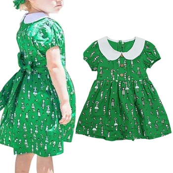 Detské Šaty 2019 Nové Letné Dievčatá Turndown Golier, Krátke rukávy Šaty Dieťa Princezná Šaty Batoľa Šaty Detské Oblečenie Zelená