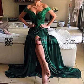 Elegantné 2019 Zelená prom šaty, Dlhé vestidos de fiesta Čipky Appliques Predné Štrbinou Mimo Ramenný Formálne Večer Prom Party Šaty