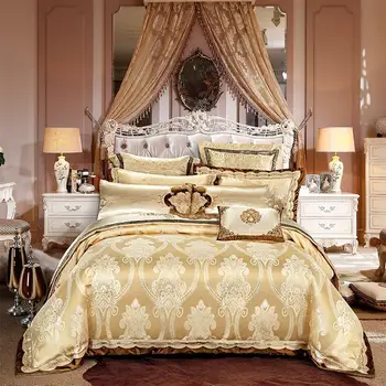 Zlato strieborná farba Luxusné royal posteľná bielizeň sady 4/6/9pcs kráľ, kráľovná veľkosť výšivky bavlna satén žakárové posteľ list nastaviť perinu