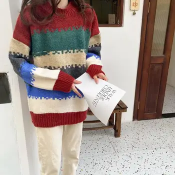 Voľné lenivý štýl hrubé ihly pletený sveter ženy jeseň a v zime nový štýl vonkajšie nosenie zodpovedajúce farbám dúhy prúžkované pulóvre