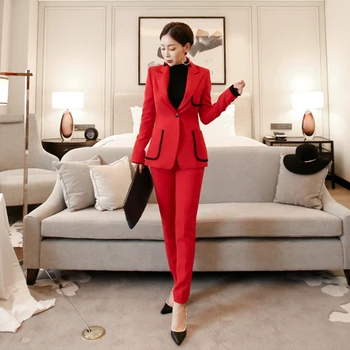 Jeseň Nové Červené Slim Business Sako + Nohavice 2 Kus Dvoch Súbor Žien Office Lady Bunda, Nohavice, Obleky