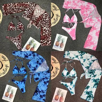 Ženy 3ks Pláž, Bikiny Nastaviť Sexy tie-Dye Leopard Plavky s uväzovaním za zakryť