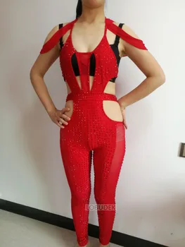 Červené Kryštály Sexy Zentai Jumpsuit Bar, DJ, spevák ženský kostým pole tanec Star Party show slim fáze výkonu kombinézu