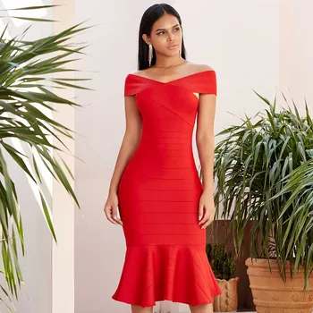 Veľkoobchod 2020 lete ženy šaty Black Red Lomka krku Bodycon Morská víla Šaty celebrity boutique koktail party obväz šaty