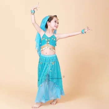 Deti Brušného Tanca Kostým Nastaviť Výkon Indický Bollywood Orientálna Deti Tanec Sukne Bellydance Šifón Šaty Oblečenie 5 ks