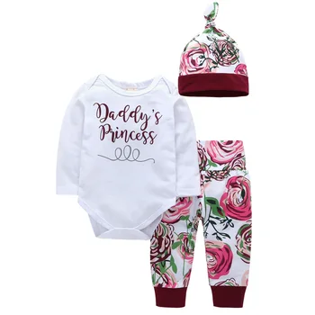 Deti Baby Girl Šaty Ocko je Princezná oblečenie s Dlhým Rukávom Kombinézach + Kvetinový Nohavice +Klobúk 3ks sady Baby dievča oblečenie set sa