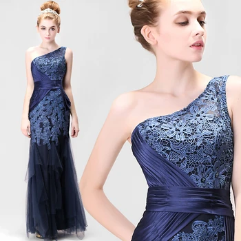 Jeden ramenný modrá čipky appliques nový dizajn lištovanie dlho prom šaty 2018 vestido de festa longo župan de soiree bridesmaid, šaty