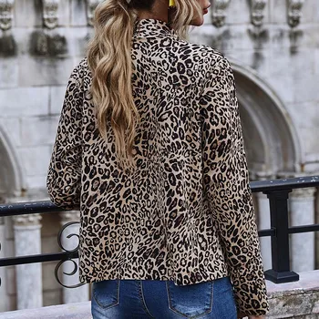 Módne dámske Dámy Dlhý Rukáv Turndown Golier Otvoriť Predné Coats Bežné Leopard Vytlačené Nepravidelný Bunda Topy Outwear#g3