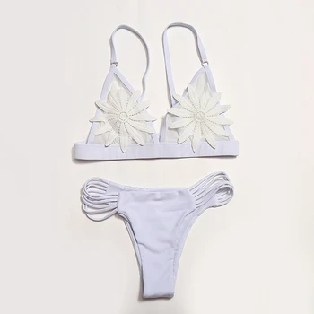 2020 Predaj Vyšívané Kvet Bikini Nastaviť Nové Duté Sa Biquinis Brazílske Tangá Žlté Plavky, Plavky, Plážové Oblečenie