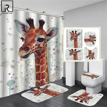Roztomilý Žirafa Biela Sprchový Záves Nastaviť Polyester Kúpeľňa Záclony s Háčikmi Anti-slip Vaňa Mat Wc Veko Krytu WC Koberce Koberce