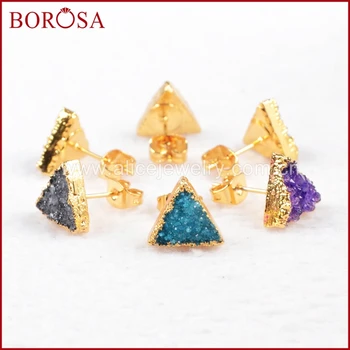 BOROSA Odbavenie Predaj 5Pairs Zlatá Farba Trojuholník Rainbow Agates Druzy Stud Náušnice Drusy Náušnice Šperky, drahokamy pre Ženy G0432