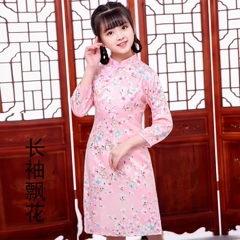 Dlhý rukáv pivónia, Čínsky Tradičné šaty Dievčatá cheongsam qipao štýl Roztomilé Dieťa