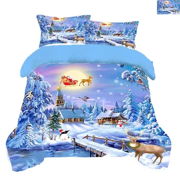 Domov Dieťa Zdravé 3D posteľná bielizeň Nastaviť Modrá Farba Obloženia titulnú Posteľ Strom obliečky na Vankúše Jelene A Obliečky Vianoce Sneh