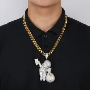 Európska a Americká hip-hop peniaze taška charakter osobnosti veľké prívesok micro-studded zirkón mužov náhrdelník