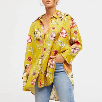 JuneLove 2018 ženy novej jarnej módy blúzky, voľné kvetinový žltá dlhá blúzka exotické dovolenky satin dlho zapol, blúzky