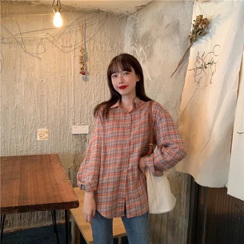 Kontrast Prekladané Kockované Košele, ženské Košele Ulzzang Japonský Kawaii Dámy Vintage Žena kórejský Harajuku Oblečenie Pre Ženy