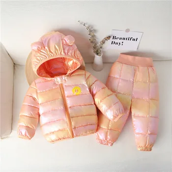 Móda svetlé farby Zimné Dieťa Snowsuit chlapčeka Nadol Bunda, Kabát+nohavice Teplý Overal Deti Oblečenie Nastaviť Batoľa Dievča oblečenie