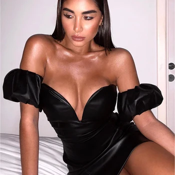 2019 Jeseň Nové Čierne dámske Kožené Šaty, Sexy Odnímateľný Dlhý Rukáv Mimo Ramenný Bodycon Mini Šaty Club Party Vestidos