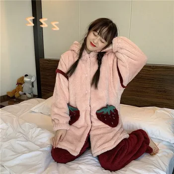 2020 Nové Zimné Pyžamo Ženy Nohavice Teplé Pyžamo Kórejský Priateľka Jahody S Kapucňou Pyžamo Home Service Oblek
