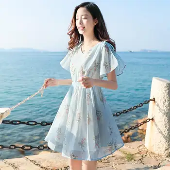 Šifón Šaty Žien Nové Letné Ženy Kórejské Oblečenie Móda Bežné Kvetinové Šaty