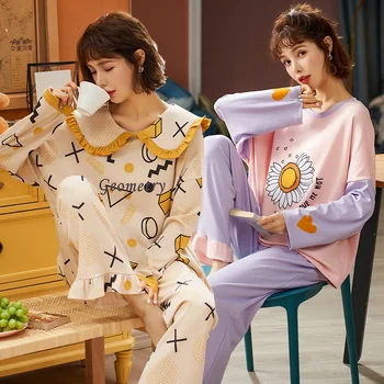 Bavlna, Tlač Pyžamo Dlhý Rukáv Sady pre Ženy 2020 Jeseň Zima Sleepwear Vyhovovali Pyžamo oblečenie pre voľný čas Pijama Mujer Domáce Oblečenie