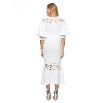 2020 Ženy hot predaj bežné denné o-krku polovicu rukáv Fishtail Spojení čipky šaty Žena jednofarebné šaty biele doprava zadarmo