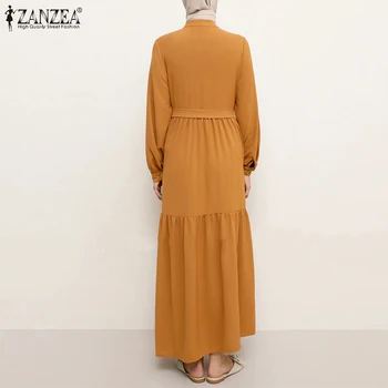 Jeseň Rozstrapatené Maxi Šaty ZANZEA Vintage Dlhý Rukáv Moslimské Oblečenie Žien Tlačidlá Bleted Dubaj Abaya Hidžáb Oblečenie Kaftane Marocain