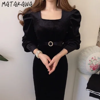 MATAKAWA Kórea Elegantné Námestie Golier Femme Župan Čipky Pás Slim Lístkového Rukáv Zamatové Šaty Žien v Elegantnom Čiernom Vestido De Mujer