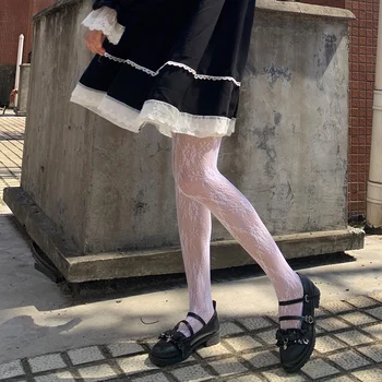 Čierna Čipka Sexy Pančuchy Ženy Japonský Lolita Sladké Roztomilý Duté Sa Froal Tlač Pantyhose Dievča Tenké Base Ponožky