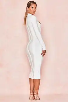 Vysoko Kvalitné Biele Dlhý Rukáv S Otvorom Koleno Dĺžke Rayon Obväz Sexy Šaty Módne Party Šaty