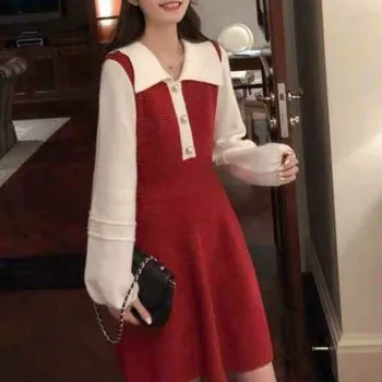 Tlačidlo Rukáv Pletené Dlhé Elegantné Ženy Sladké Mini Sveter Office Lady Vintage Jeden Kus Oblečenia Kórejský 2020 Zime