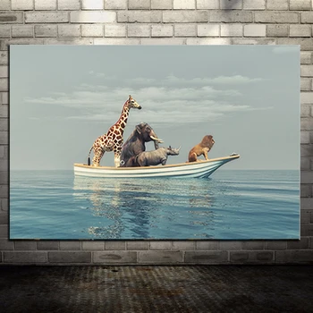 Žirafa, Lev, Slona a Nosorožca Na Lodi Plátno na Maľovanie Cartoon Zvierat na Šírku Steny Umenie Plagátu pre Obývacia Izba Domova