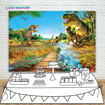 Fotografia v pozadí dinosaura blue sky river forest kulisu pre chlapec, 1. narodeniny, party prispôsobené pozadia pre photo studio