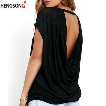 Móda Otvorte Zadný T Shirt Ženy Bežné Backless Krátke Rukáv Tričko Horúce Letné Oblečenie Voľné O-krku Topy Tees Čierna Biela